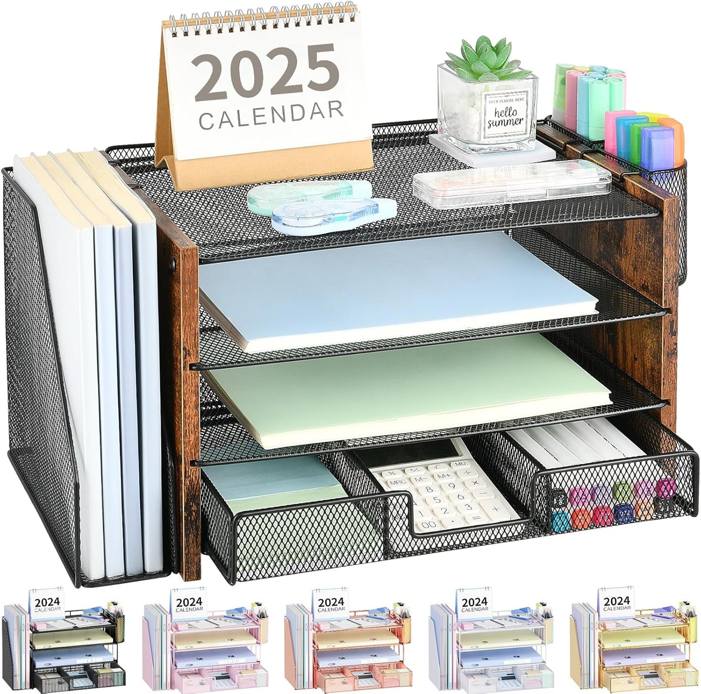 Desk Organizer and Accessories, 4-Tier Desktop File Organizer with Drawer and 2 Pen Holders, Office Desk Accessories for Office Supplies(Wood)