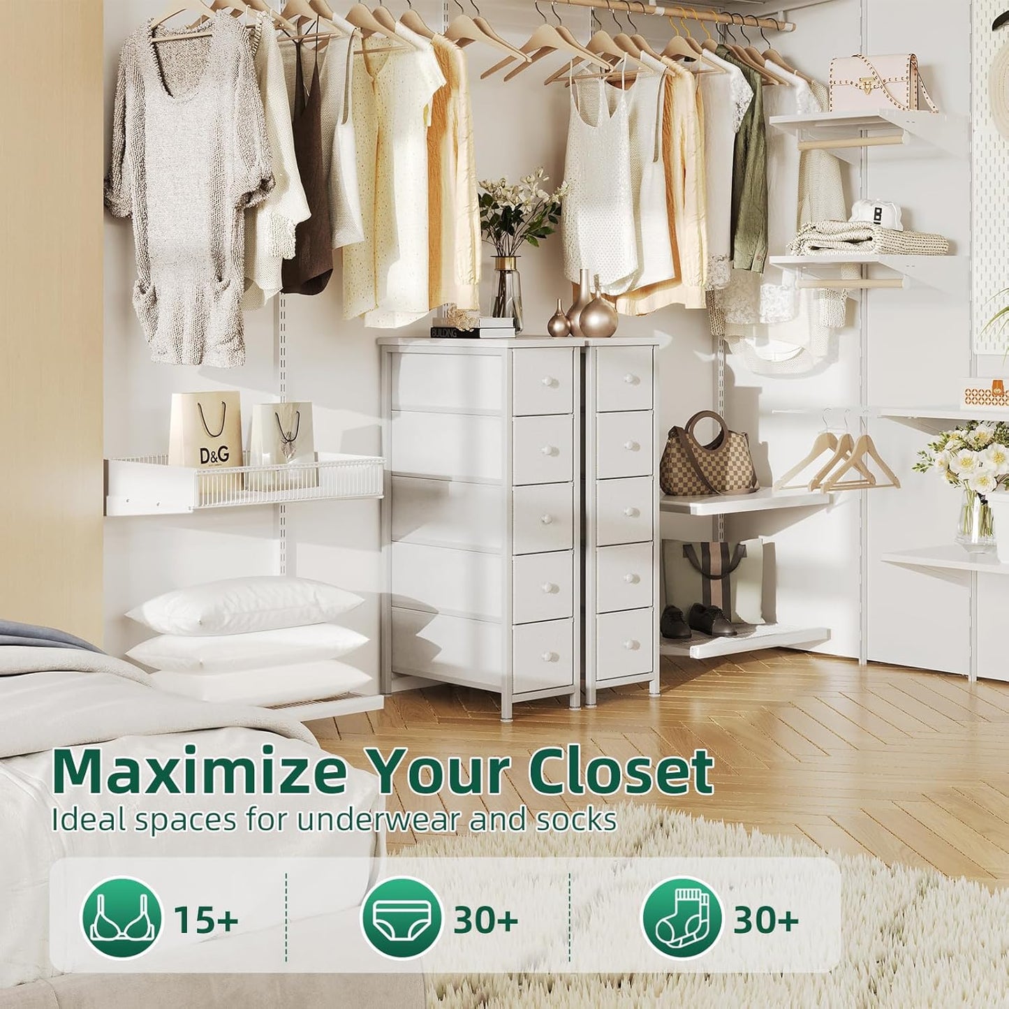 Narrow Dresser, 19" Wide Narrow Nightstand Dresser Storage Tower with 5 Drawers, Slim Fabric Dressers Chest of Drawers for Small Spaces, Wood Top & Fabric Bins for Bedroom Bathroom Closet (White)