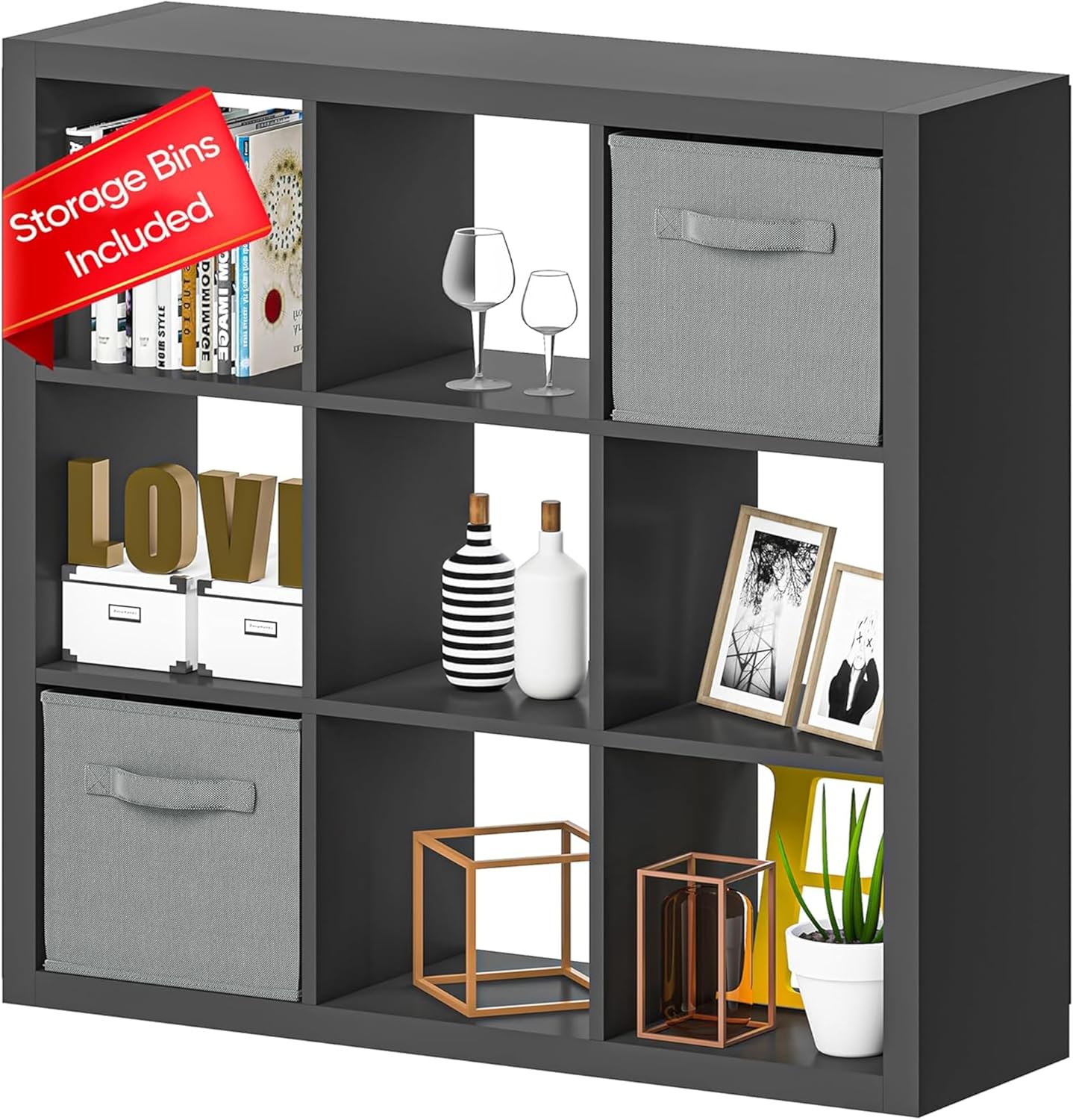 Bookshelf with Storage Bins, 9-Cube Storage Organizer Sturdy Wooden Bookcase Open Book Shelf, Multifunctional Cubicle Rack for Storage & Display, Furniture for Living Room Bedroom Office, Black