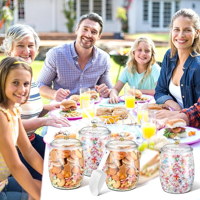 Nuogo 4 Pcs Plastic Candy and Cookie Jars with Lids Clear Cookie Container Candy Jars Large Airtight Apothecary Storage Organization for Wedding Home Kitchen Bar(64 oz)