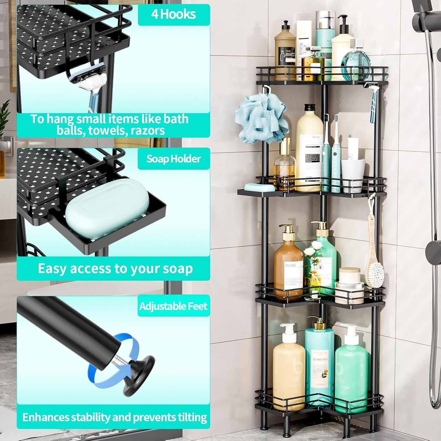 HapiRm Corner Shower Caddy Organizer - 4 Tier Shower Shelf Corner with Soap Holder, Rustproof Bathroom Standing Organizer with 4 Hooks, Black