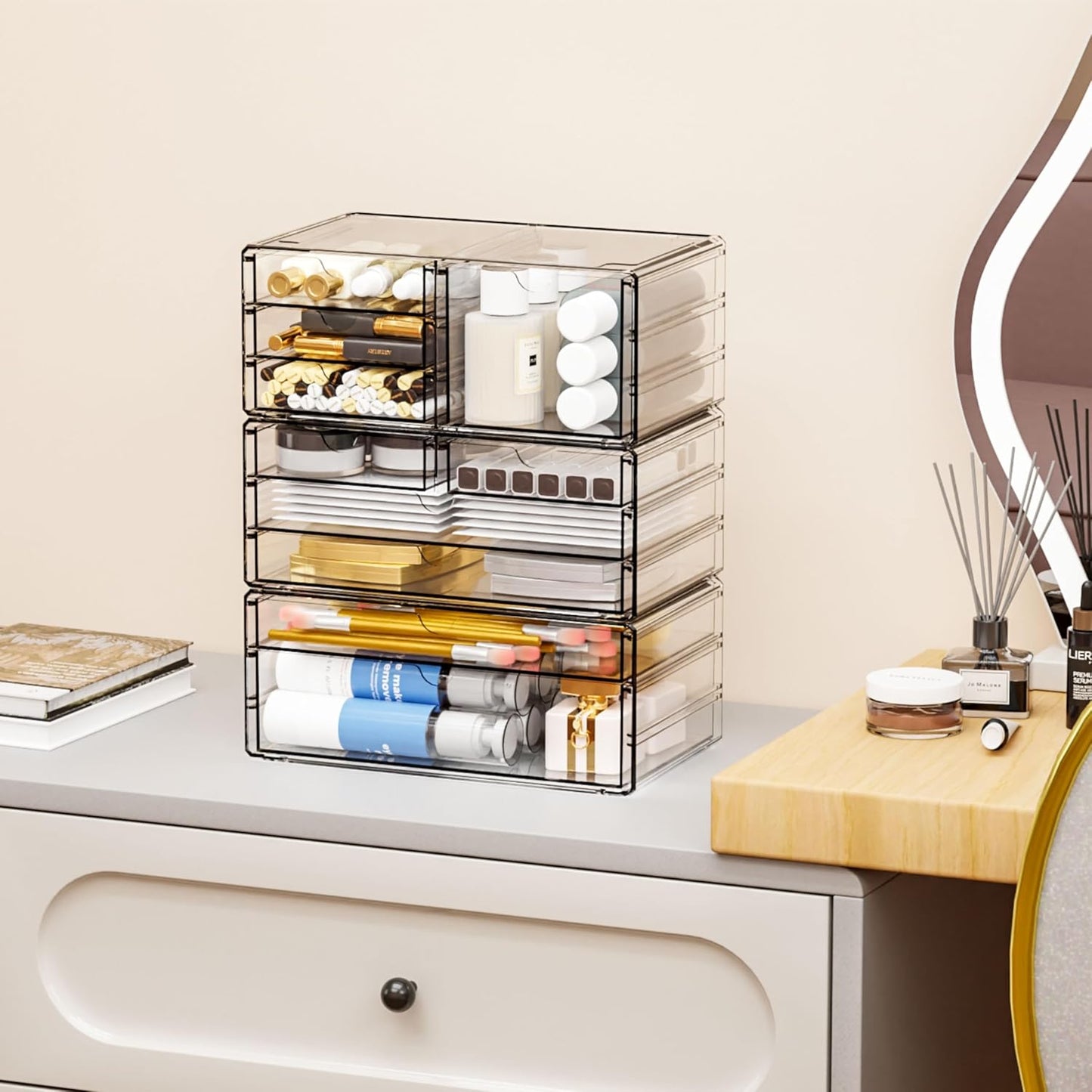 Yieach 3 Pack Clear Storage Drawers With 10 Drawers,Stackable 11.1” Large Acrylic Drawer Organizer and Makeup Organizer For Vanity,Bathroom Countertop,Cabinet,Pantry,Office Supply Storage Bins Drawers