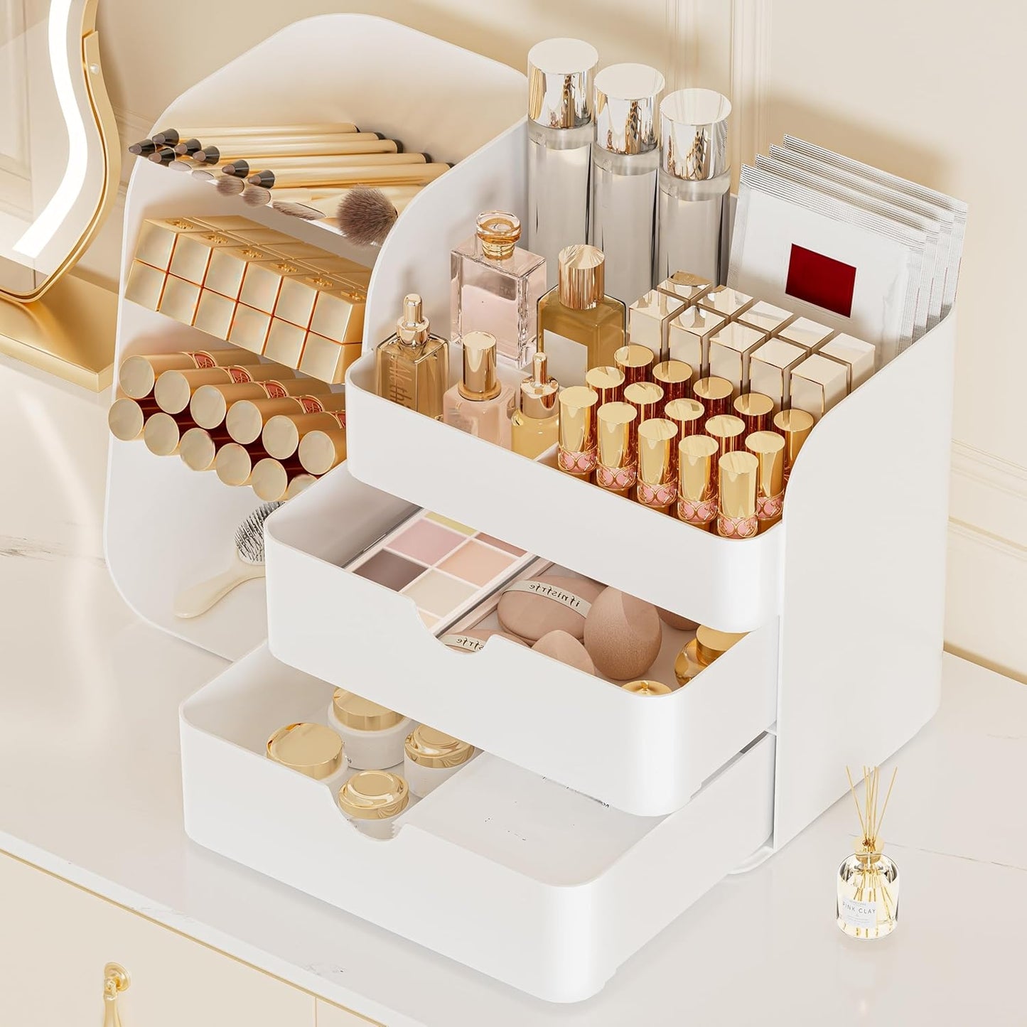 Makeup Organizer with 2 M Drawers & Brush Holders - Cosmetic Storage Case for Vanity, Bathroom Countertop & Desk - Skincare & Office Supplies Organizer (All White, M)