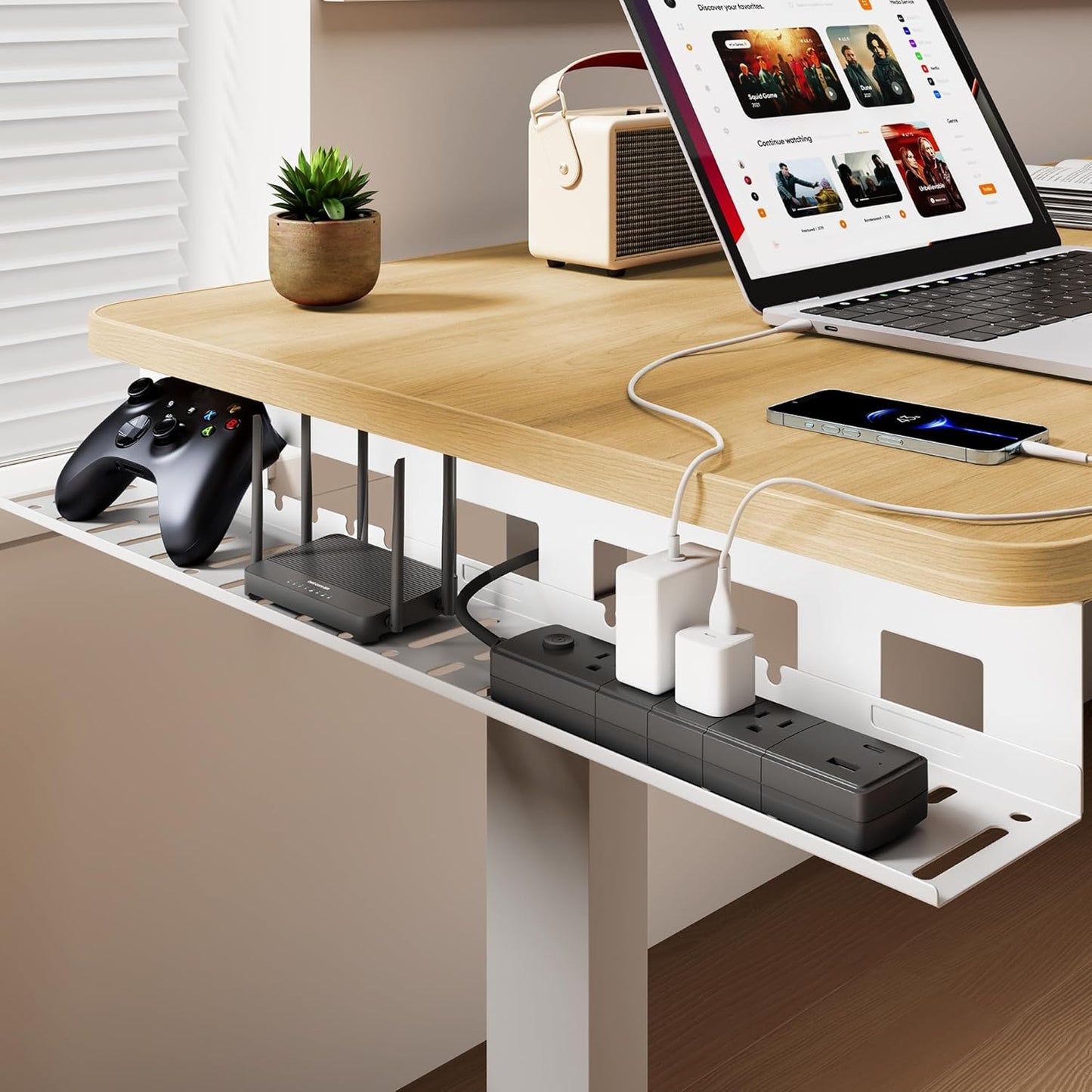 Under Desk Cable Management Tray, 31.5 Inches Metal Cord Organizer Rack, Desk Tray for Power Strip, Cord, Wire, Easy Mounting Cable Management Under Table for Home Office, White
