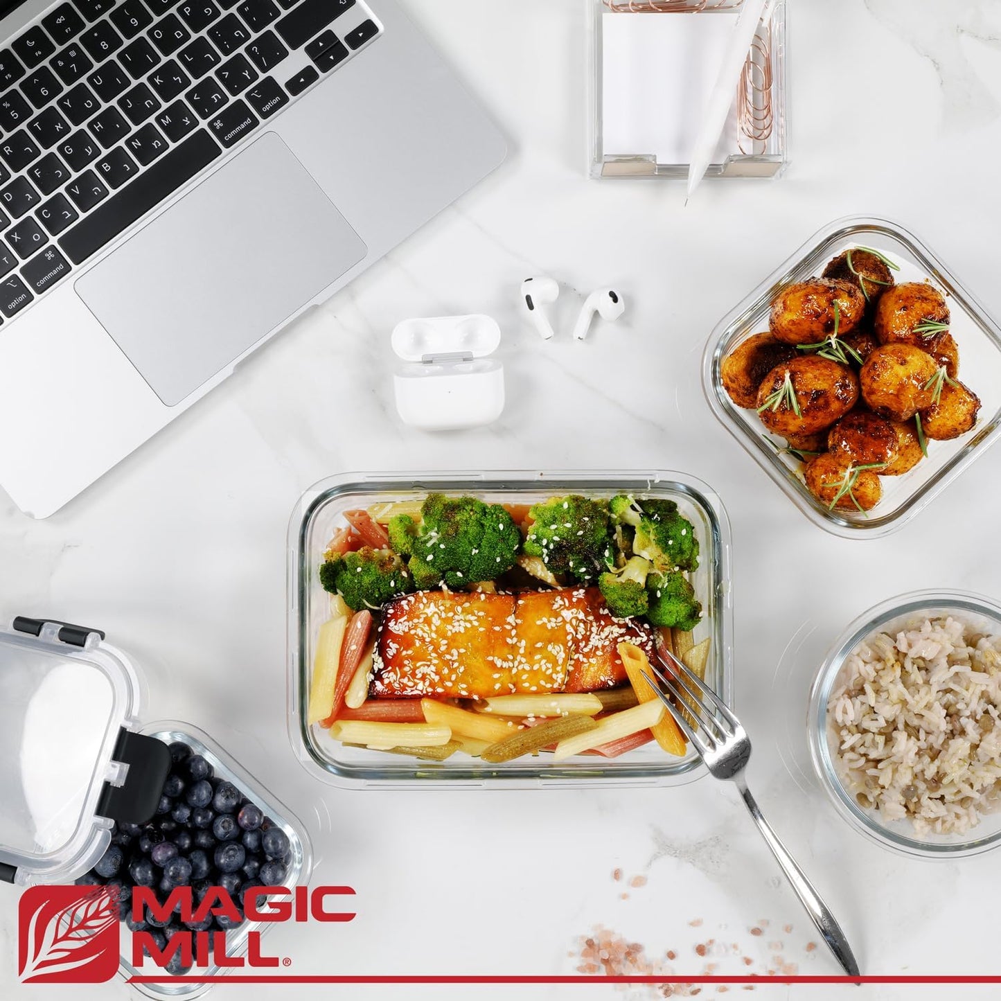 Magic Mill Premium Borosilicate Glass Food Storage Containers with lids Set | 24pc Sets with 12 Bowls & 12 Airtight Locking Lids for Lunch & Meal Prep, Safe for Oven, Freezer, Dishwasher, BPA-Free