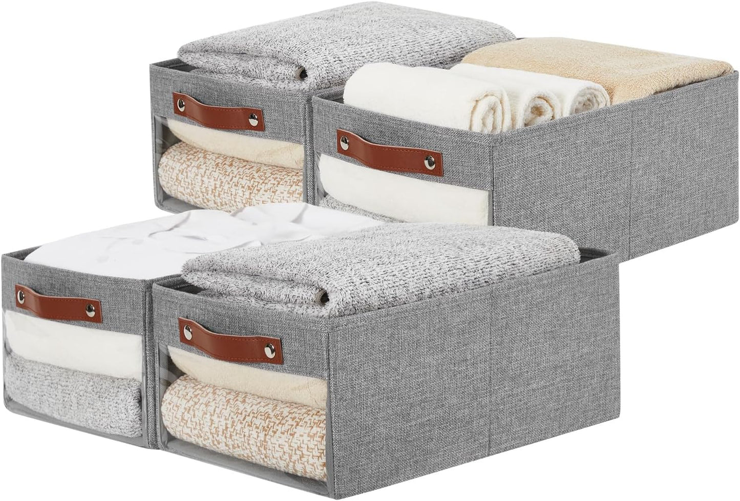 Medium Storage Baskets with Clear Window, See Through Closet Organizer with PU Handles, Linen Foldable Storage Bins for Organizing Clothes, Toys, Books (Gray)