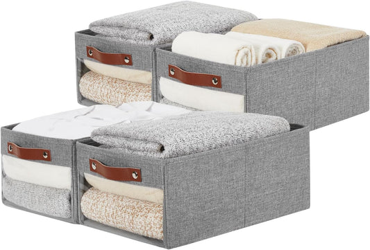 Medium Storage Baskets with Clear Window, See Through Closet Organizer with PU Handles, Linen Foldable Storage Bins for Organizing Clothes, Toys, Books (Gray)