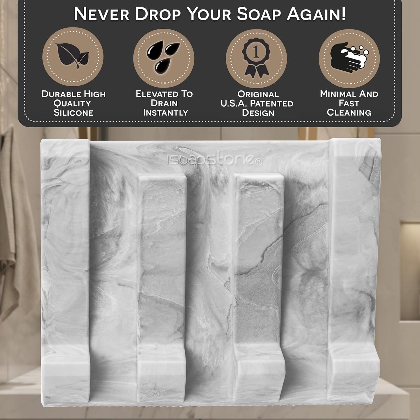 Silicone Soap Dish (USA Patented) Self Draining Bar Soap Holder for Shower Bathroom Sink, Drying Soap Dish Tray Kitchen Sponge Holder Easy Cleaning Soap Saver (Light Marble Design, 2)