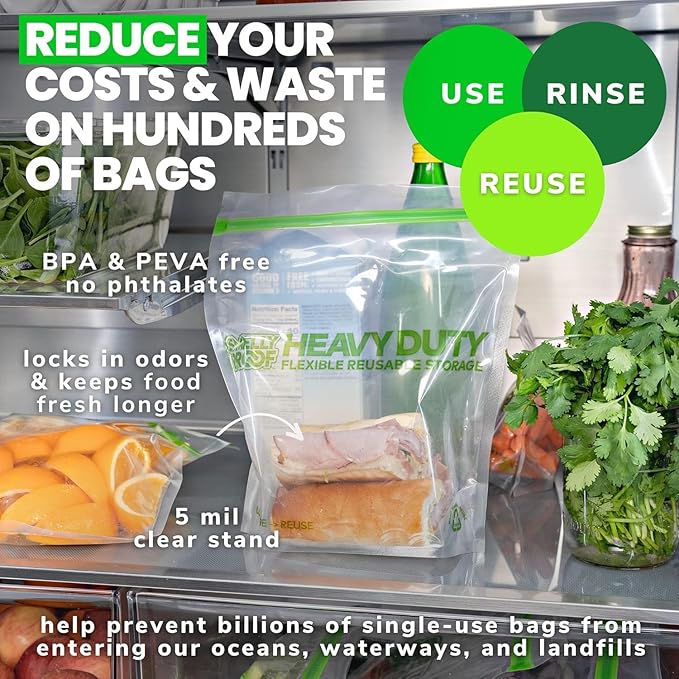 BULK VALUE, Smelly Proof 50-Pack HEAVY DUTY 5-mil Reusable Bags, Stand-Up, Expandable, Dishwasher-Safe, Odor-Proof, Durable Poly Nylon (Non-Silicone) US-Made 8.5" x 10" Quart 50pk