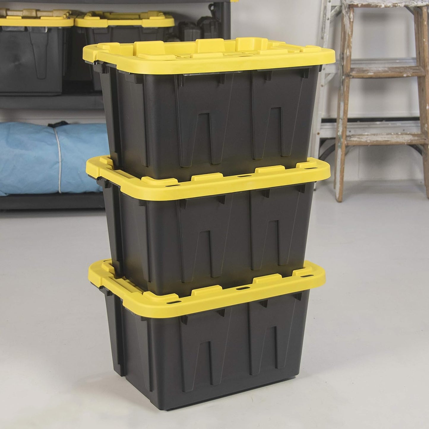 CX BLACK & YELLOW, 12-Gallon Heavy Duty Tough Storage Container & Snap-Tight Lid, (12.51"H x 16.3"W x 21.8"D), Weather-Resistant Design and Stackable Organization Tote [4 Pack]