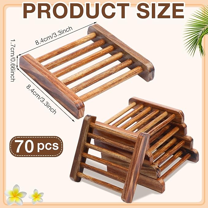 Amyhill 70 Pcs Bamboo Wood Soap Dish Bulk Bathroom Wooden Soap Holder Savers Self Draining Dishes Handcraft Tray, 3.3 x 3.3 x 0.67 Inch (Charcoal Color)