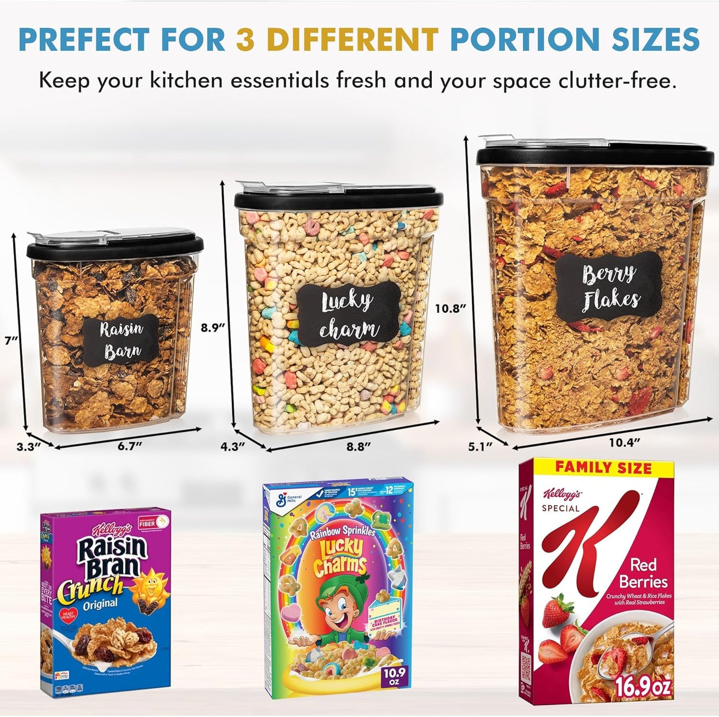 Shazo 3 PC Cereal Container Storage Set (5.2L, 2.8L, 1.2L) - Large Airtight Food Storage Containers with Flip-Top Lids, BPA-Free Plastic Cereal Dispenser for Pantry, Rice, Flour, Sugar & Pasta