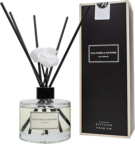 CULTURE & NATURE Reed Diffuser Set 6.7oz (200ml) Jasmine Scented Diffuser with Sticks Home Fragrance Reed Diffuser for Bathroom Shelf Decor