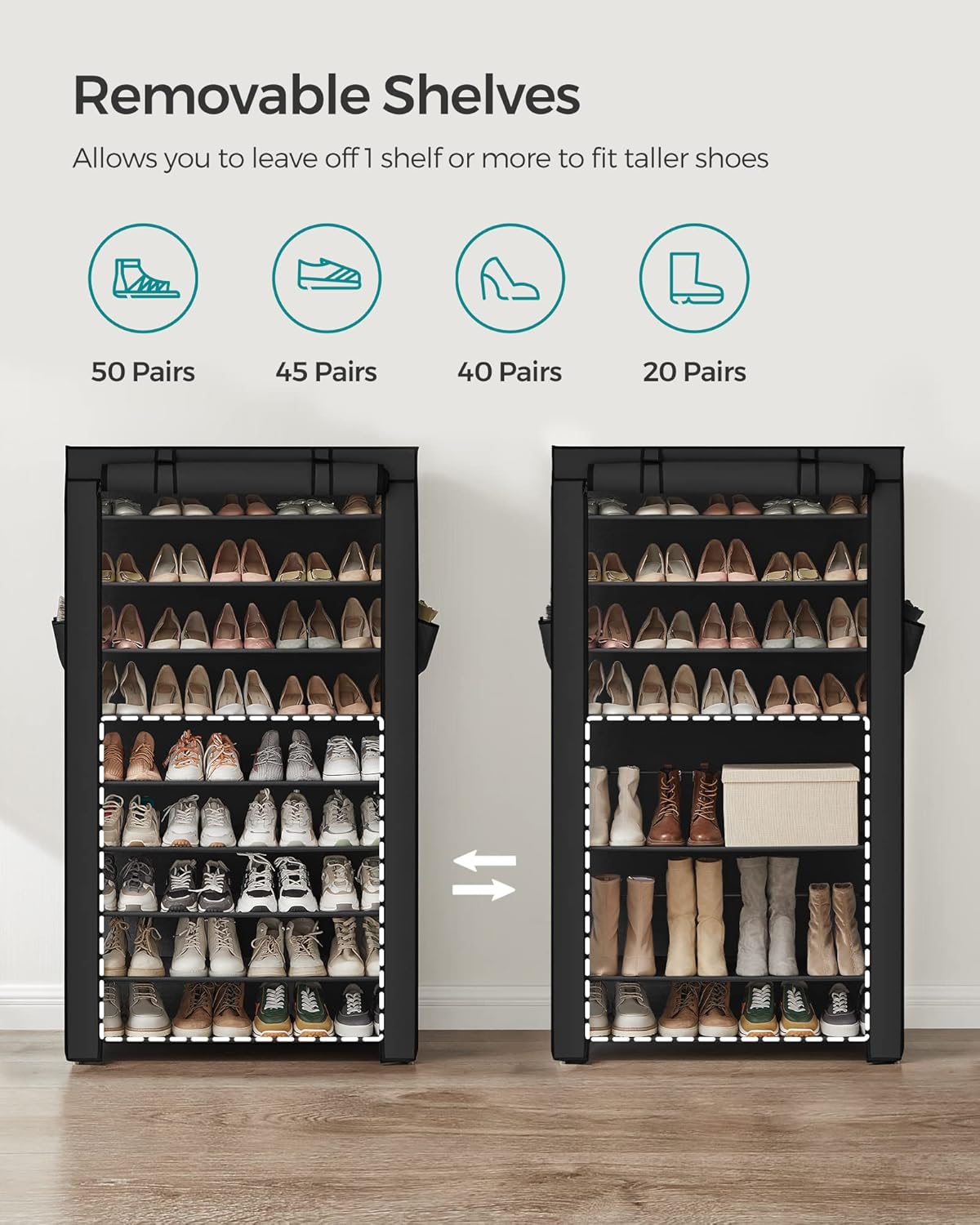 SONGMICS 10-Tier Shoe Rack, Shoe Storage Cabinet with Dustproof Cover, Free-Standing Shoe Storage Organizer for Closet, Entryway, Hold 40-50 Pairs of Shoes, for Sneakers, High Heels, Black URXJ36HV1