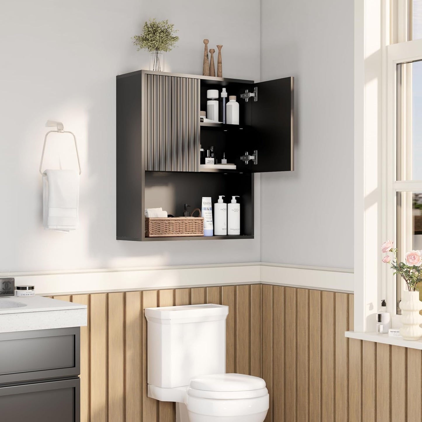 Fluted Bathroom Wall Cabinet,Medicine Cabinet with Adjustable Shelf,Over The Toilet Storage Cabinet for Laundry,Hanging Cabinet,Kitchen and Living Room Cabinets (Black)