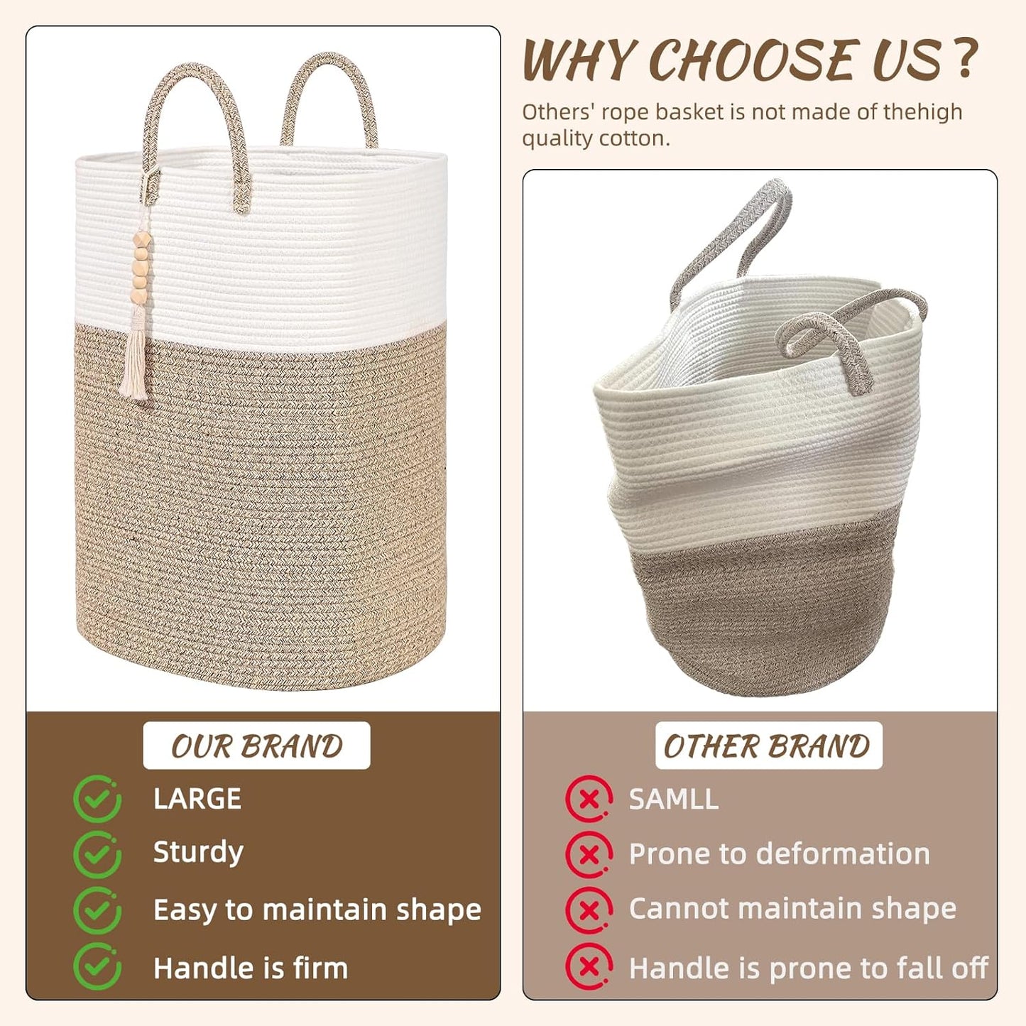 Woven Laundry Basket for Clothes, 80L Large Rectangle Laundry Hampers with Beads Tassel, Nursery Storage Basket for Toys, Tall Dirty Clothes Hamper for Bedroom Aesthetic, Laundry Room Organization