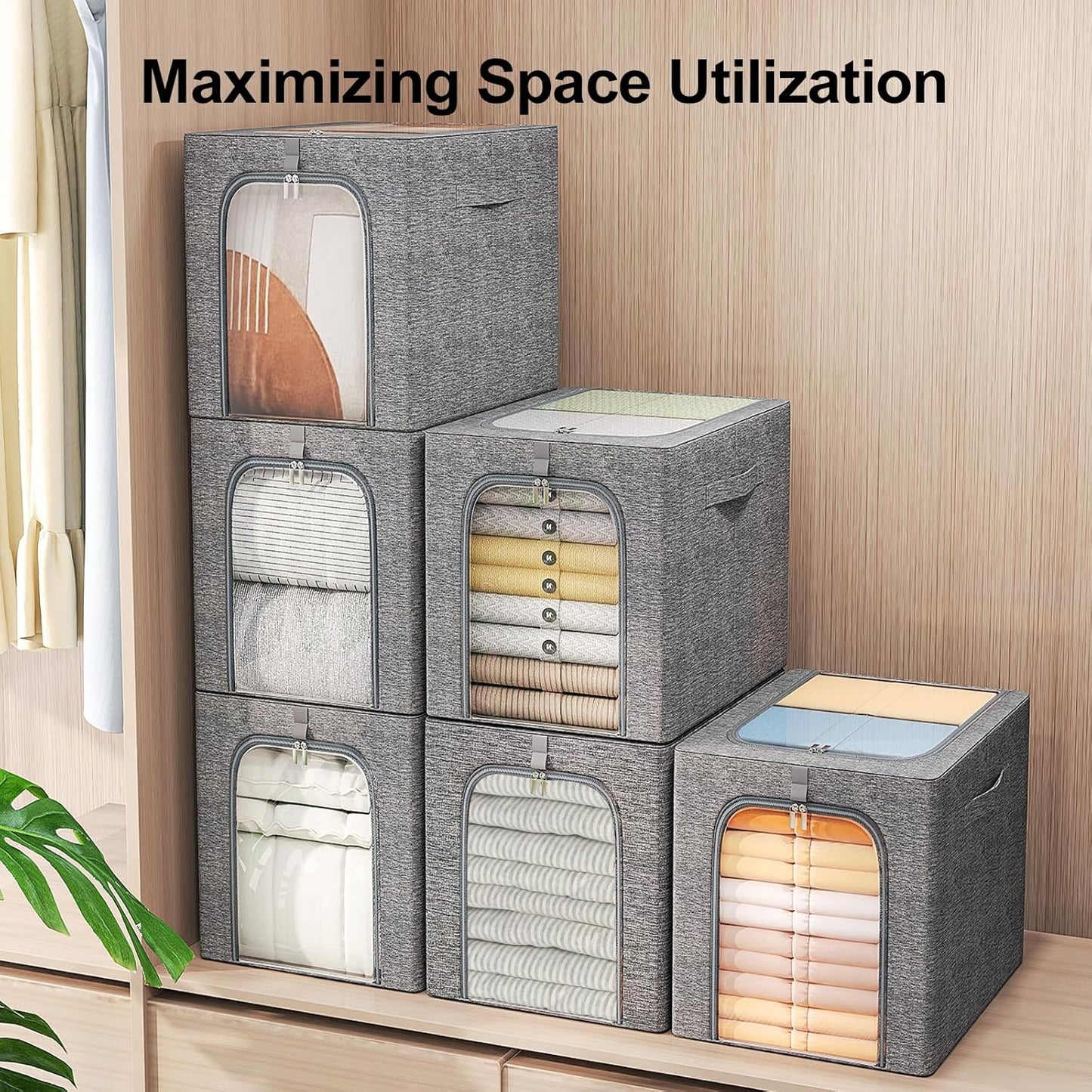 GoMaihe Clothes Storage Bins Metal Frame: 55L Extra Large Stackable Closet Storage Bin with Lid & Clear Window, Heavy Duty Blanket Box for Winter Coats Comforters (Fits Deep Closet 4-Pack)