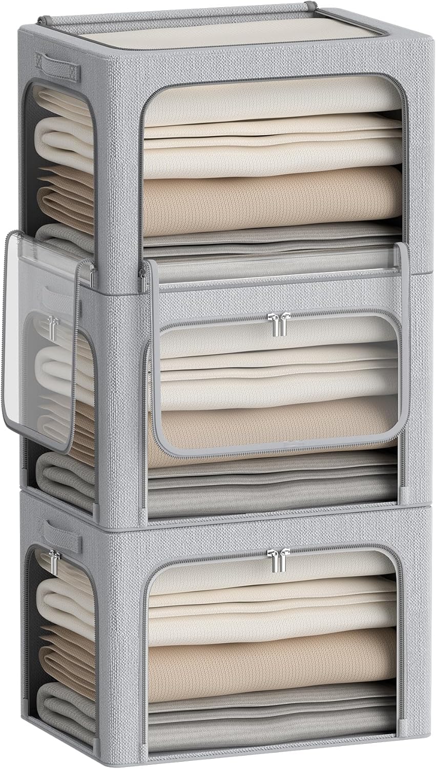 CYhom 3Pack Classic Stackable Foldable Storage Bin - Metal Frame Storage Box with Clear Window, Carry Handles (66L-19.7x15.7x13in, Light Grey)