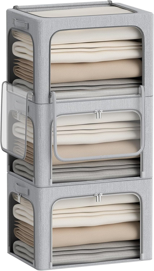 CYhom 3Pack Classic Stackable Foldable Storage Bin - Metal Frame Storage Box with Clear Window, Carry Handles (66L-19.7x15.7x13in, Light Grey)