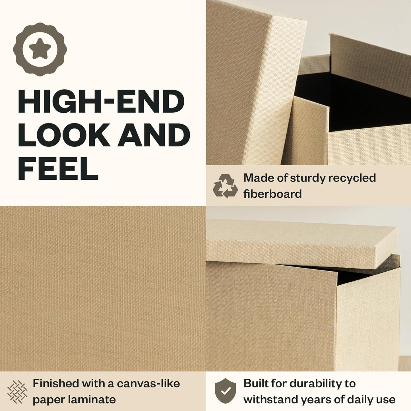 Bigso John File Box - File Storage Box and File Organizer for Important Paperwork - Durable Hanging File Box with Lid and Leather Handle - 7.4 in x 13 in x 10.4 in - Cream