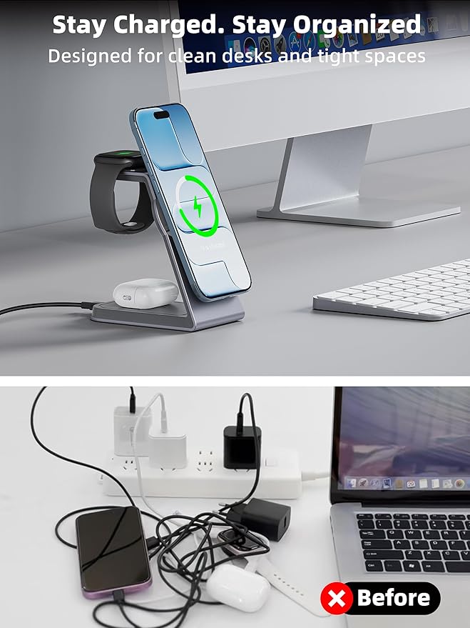 2025 3 in 1 Magnetic Wireless Charger Stand for Apple Devices, TRIBONE Qi2 Certified 15W Fast Charging Station for iPhone 17/16/15/14/13/12 Series, Apple Watch, Airpods