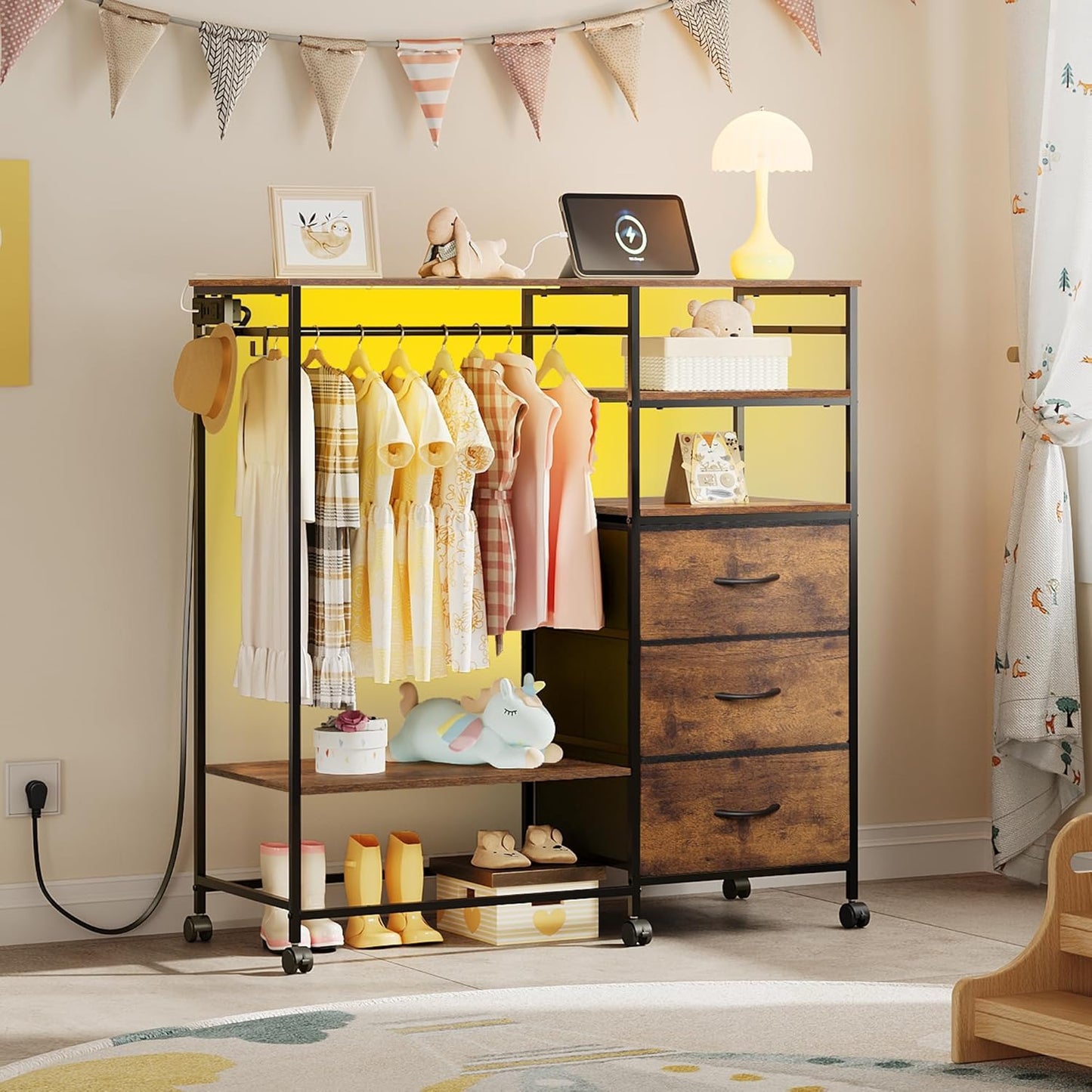 WLIVE 42''W Dresser for Bedroom with Hanging Rack, 3 Drawer Dresser with LED Lights & Charging Station, Fabric Dressers & Chest of Drawers, Storage Organizer with Open Shelves for Living Room, Brown