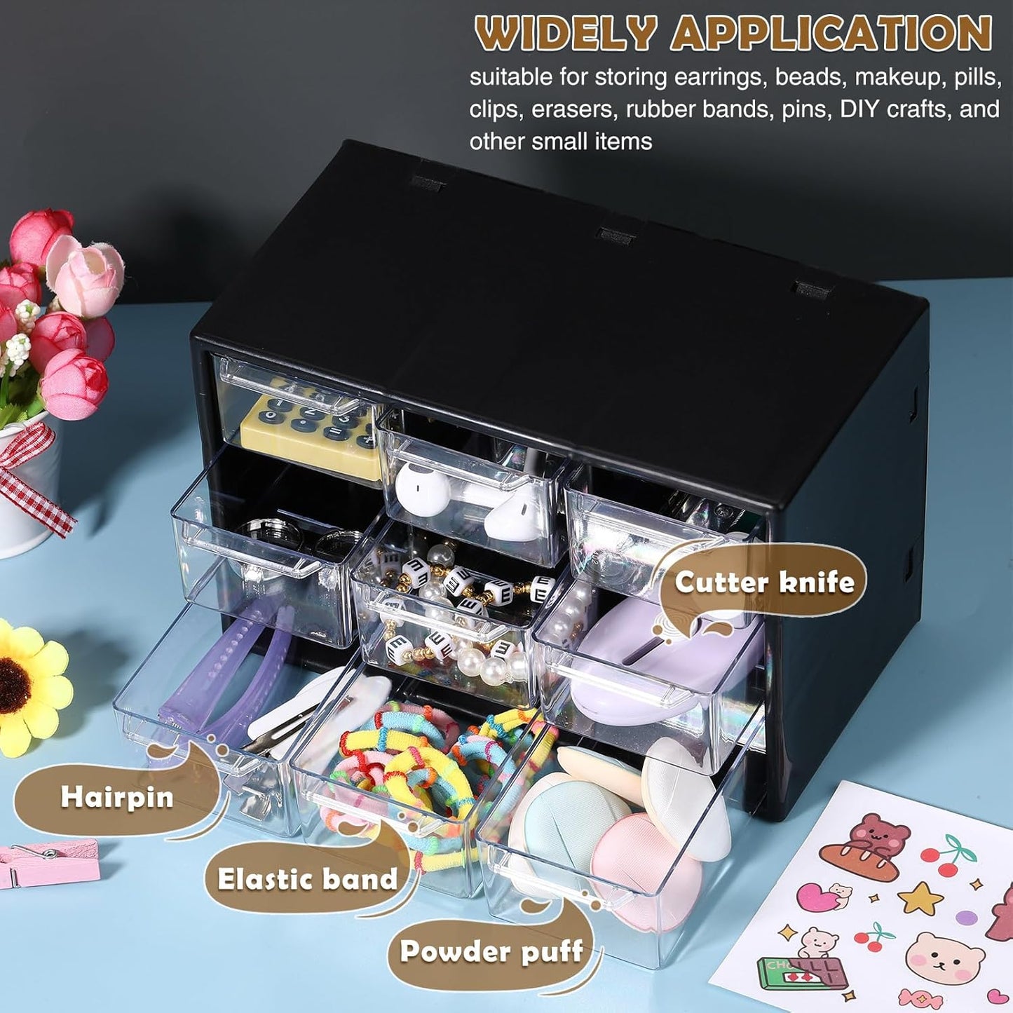 Amyhill 6 Pcs Mini Drawer Organizer Small Organizer with 9 Drawers Plastic Desktop Craft Storage Box for Office Home Room Jewelry Cosmetics Collection(Black)