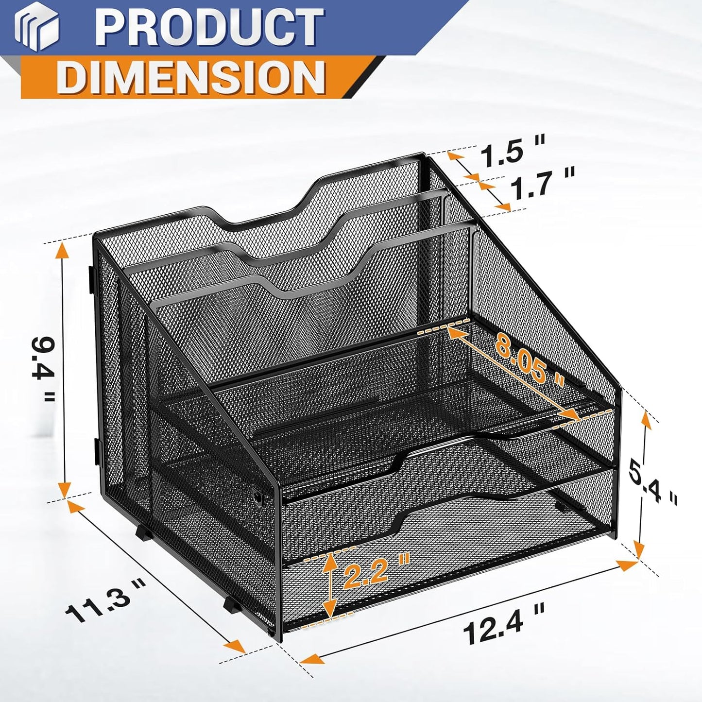 Letter Tray Organizer, Mesh Desk File Organizer with 3 Paper Trays and 2 Vertical Upright Section, Blank