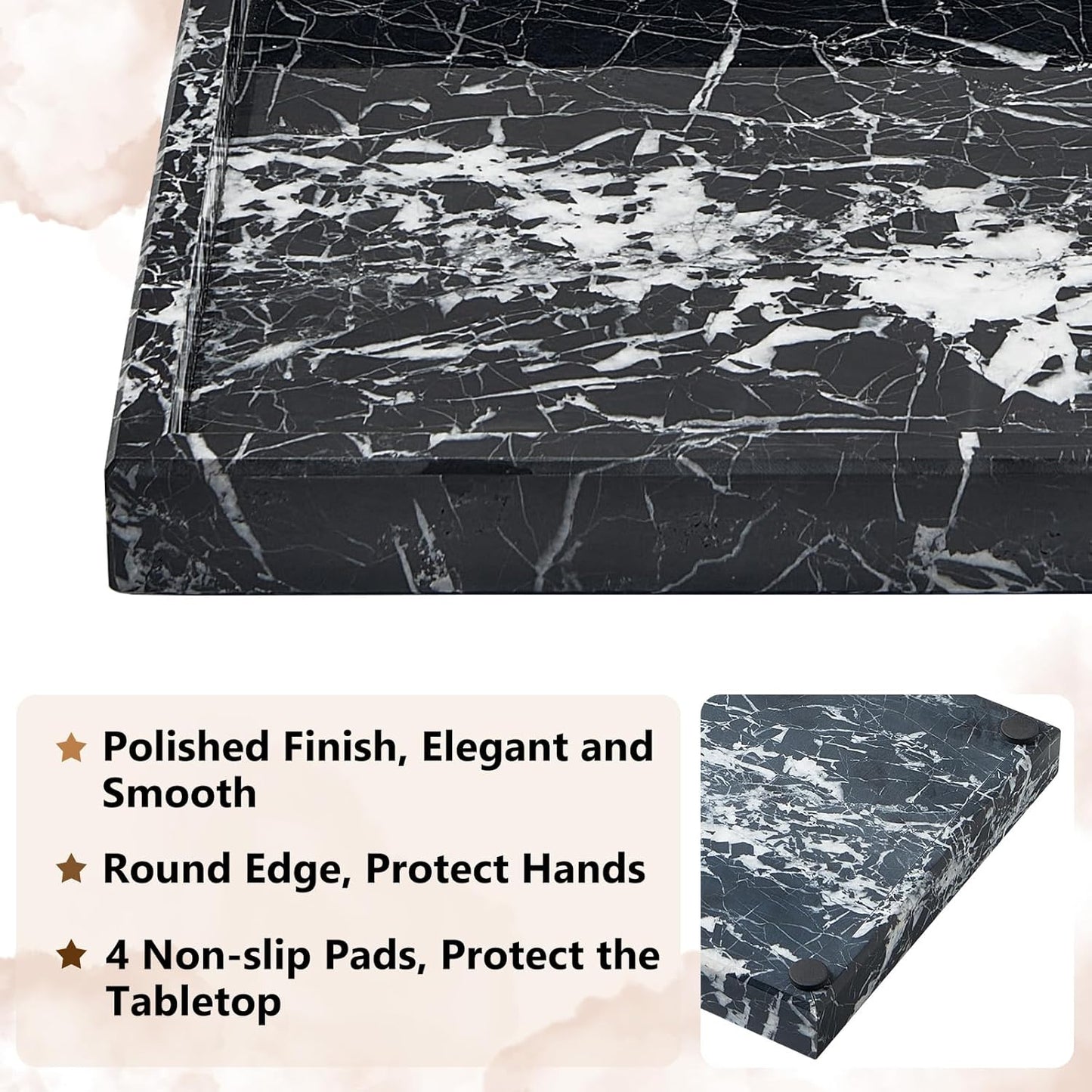 Real Natural Marble Tray for Bathroom, Vanity, Kitchen and Desktop, Rectangle Genuine Marble Stone Tray for Jewelry, Cosmetics, Candles, Lotion, Perfume and Home Decor (Black)