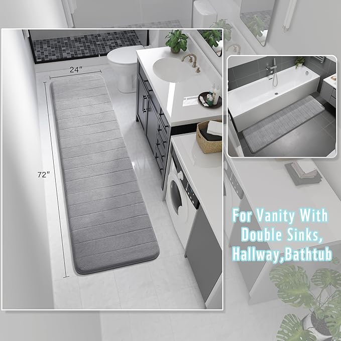 Yimobra Bathroom Runner Rugs 72"x24" Non Slip Washable Memory Foam Bath Mat, Super Soft Water Absorbent Hallway Carpet for Vanity Tub Shower, Gray