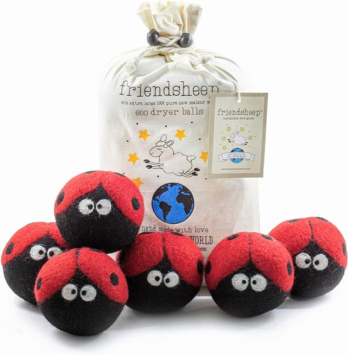 Friendsheep Wool Dryer Balls, Organic Reusable Fabric Softener Alternative for Laundry, Handmade, Fair Trade, Hypoallergenic, Eco-Friendly, Plastic-Free (6 Pack XL – Ladybugs)