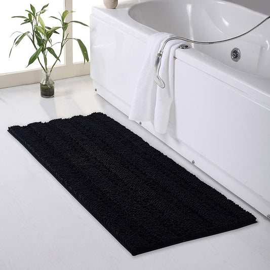 KGORGE Water Absorbent Bathroom Rugs - Black Bath Mat Non-Slip Thick Shaggy Floor Cover Quick Drying Shower Carpet for Toilet Shower Kitchen Gifts, 47 x 24