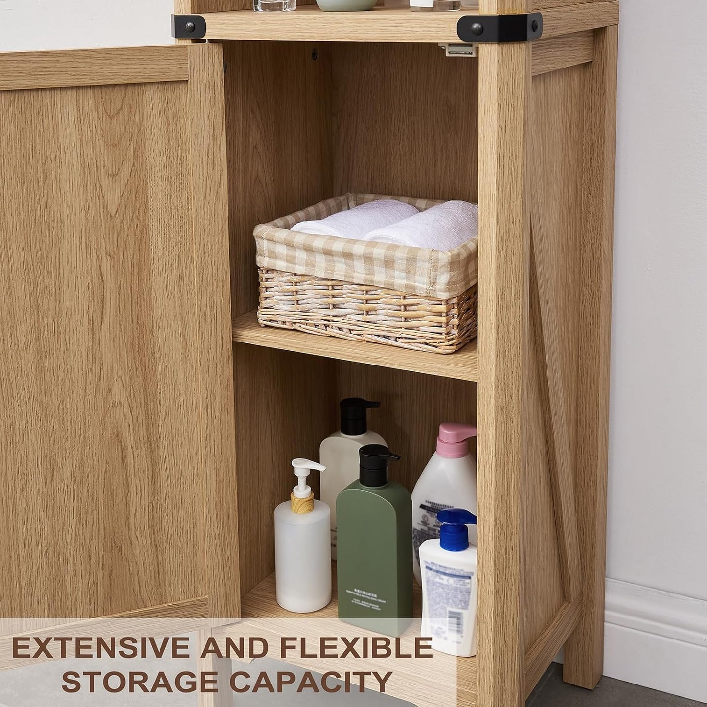 Bathroom Storage Cabinet, 5-Shelf Farmhouse Storage Cabinet with Barn Door&Adjustable Shelves, Bathroom Organizer for Living Room, Kitchen (Natural Oak)