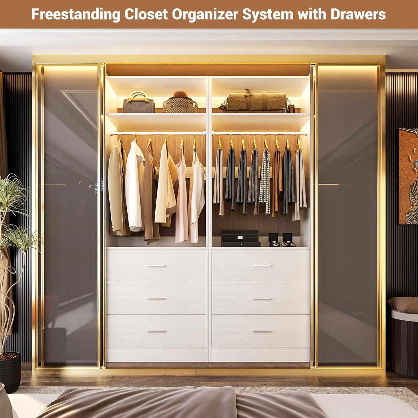 Closet System Set of 4, 8FT Closet Systems with 12 Wood Drawers, 96" Closet Organizer System with 4 Hanging Rods & 4 Shelves, Heavy Duty 96 Inch Walk-in Closet, White (96"L x 15" W x 80" H)