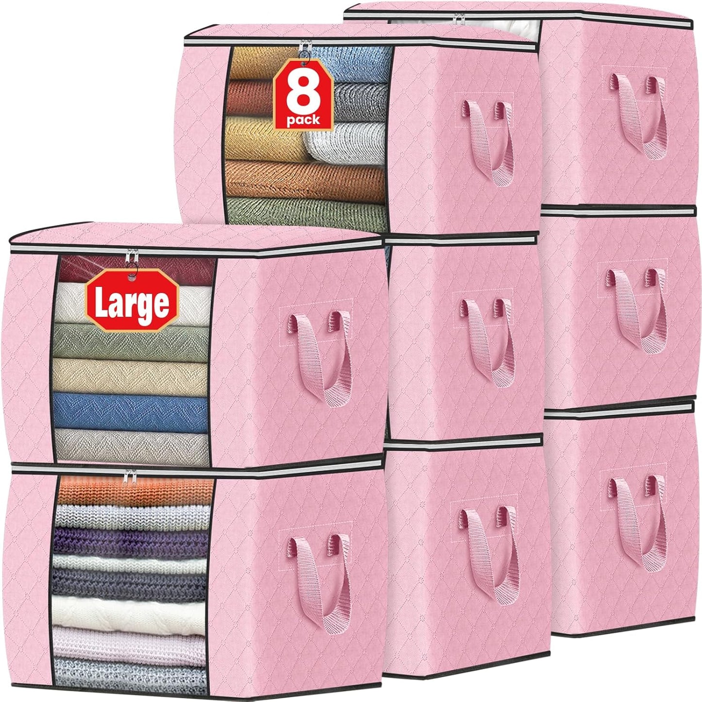Fab totes 24 Gallons Clothes Storage, Foldable Thick Fabric Blanket Storage Bags, Containers for Organizing Bedroom, Closet, Clothing, Comforter, Organization with Handle (8 Pack,Pink)