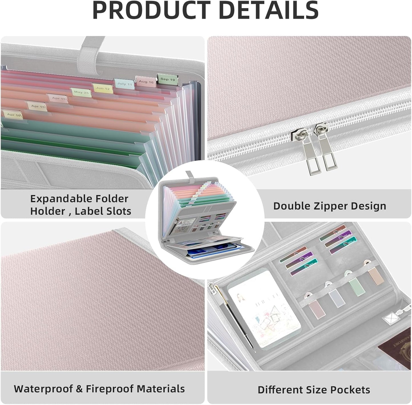 Fireproof Accordion File Organizer, Portable Expanding File Folder with Waterproof Zipper&Labels, Gray Document Organizer with 13 Pockets, File Organizer for Important Document/Paper Storage