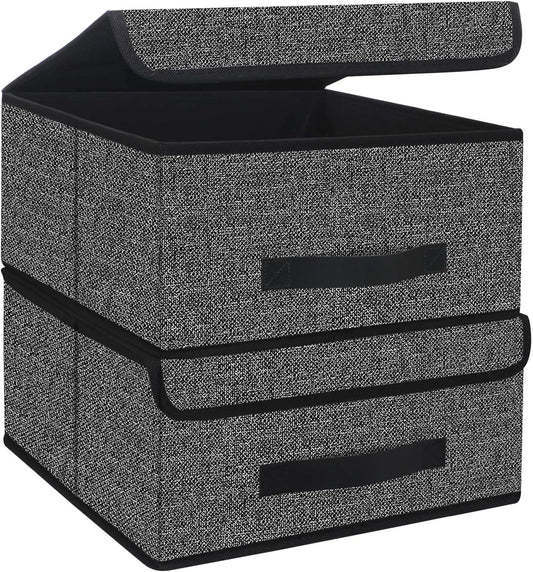Onlyeasy Foldable Storage Bins Cubes Boxes with Lid - Storage Box Cube Cubby Basket Closet Organizer Pack of Two with Leather Handles for Closet Bedroom, 13"x13", Black, 8MXALB2P