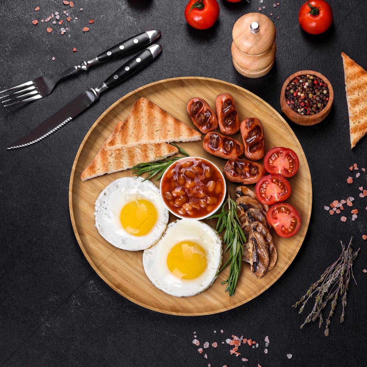 Premium Bamboo Round Tray - Natural Multipurpose Wood Serving Platter for Grilling, BBQ, Tea, Coffee & Ottoman Decor - 12"