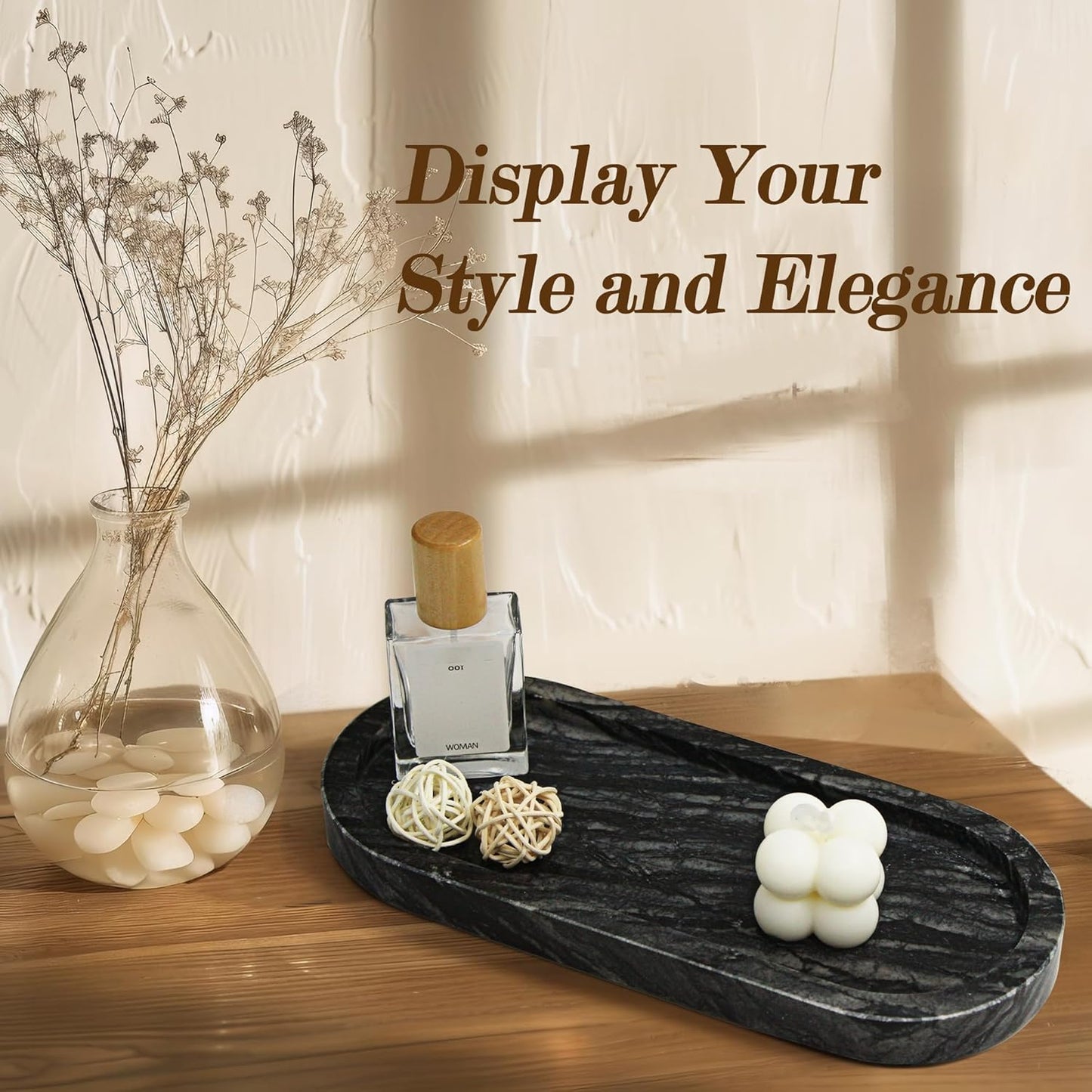 100% Real Natural Marble Tray for Bathroom, Luxury Ancient Wood Grain Stone Vanity Tray, Decorative Oval Trays for Countertop Storage Organizer, Vanity Dresser Kitchen Home Decor, Black