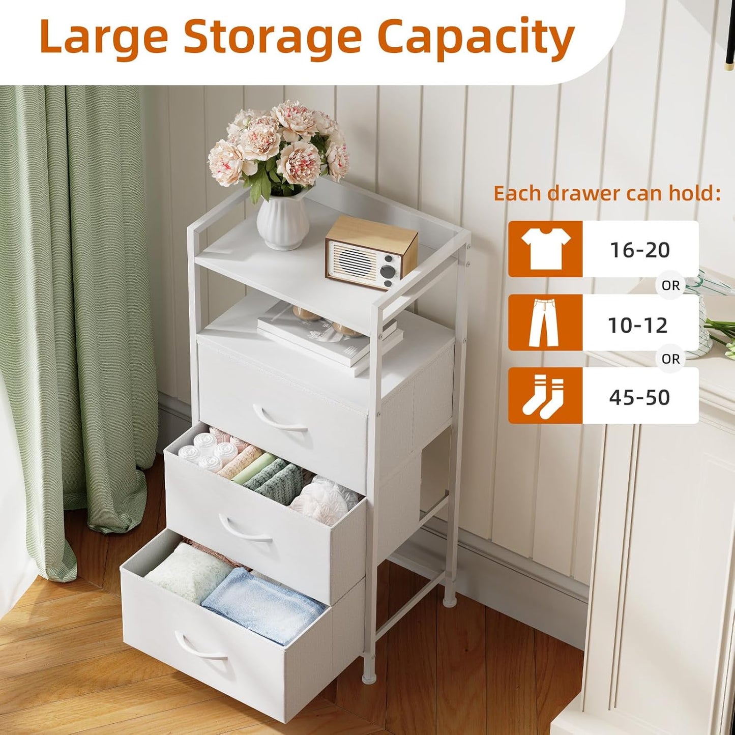 Somdot Nightstand with 3 Drawers, Dresser with Fabric Bins for Bedroom, Hallway, Entryway, Nightstand Bedside Table Furniture, Sturdy Steel Frame, Wooden Top, Easy Pull Fabric Bins, White Leather