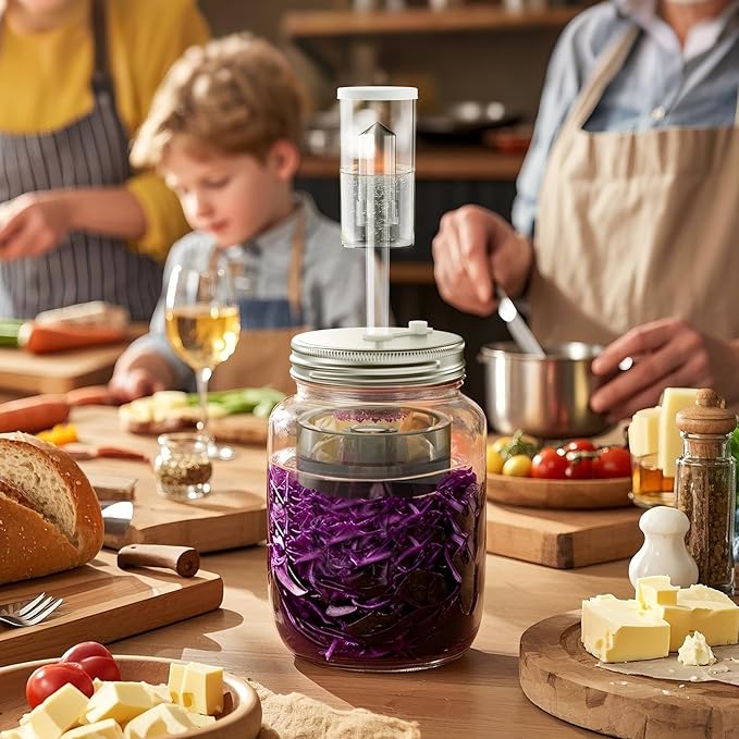 Fermentation Kit for Wide Mouth Mason fermentation Jar,pickling/sauerkraut kit with 4 Glass Fermentation Weights,4 Fermenting Lids,4 airlocks,5 Silicone Rings,5 Silicone Grommet （ No Jars ）