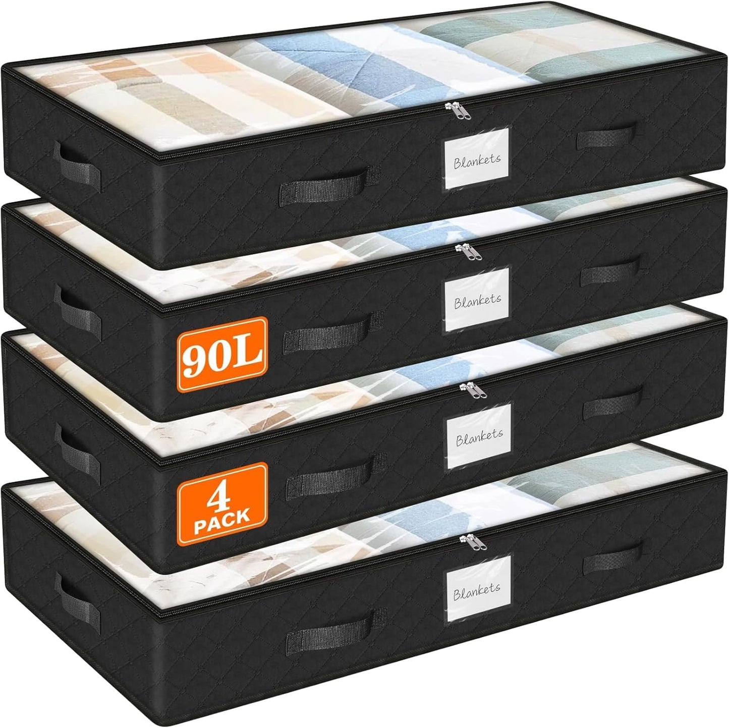 SpaceWhisper 90L Under Bed Storage Containers, 4-Pack Storage Bins with Clear Top, Foldable Closet Organizers and Storage with Label Holder for Clothing, Blankets, Comforter & Pillows(Black)