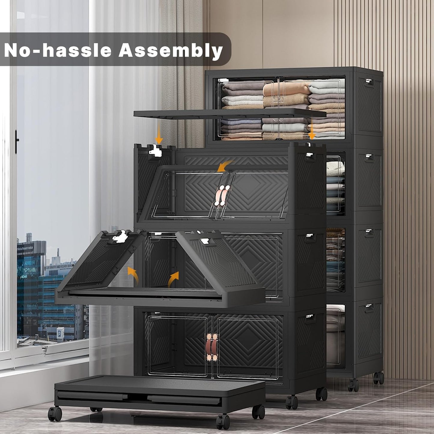 Extra Large Stackable Storage Bins with Lids & Wheels & Door, 448QT-112QT/28GAL*4Pack Foldable Collapsible Closet Organizers, Plastic containers drawers for bedroom Dorm