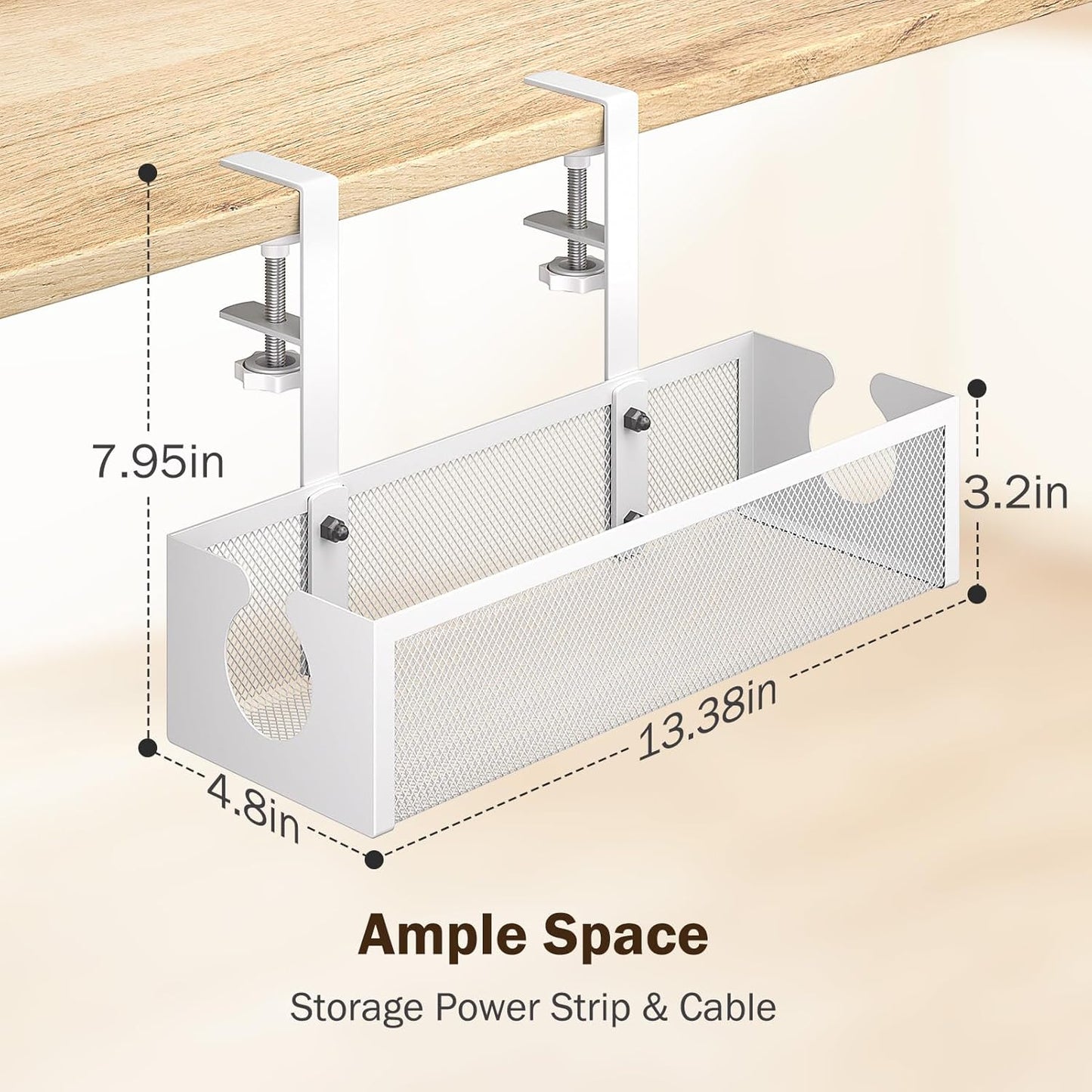 DELAMU Under Desk Cable Management Tray, No Drill Metal Mesh Cable Management Under Desk with F-Clamp Mount & 2 Open Holes, Cord Organizer for Home Office, 1 Pack, White
