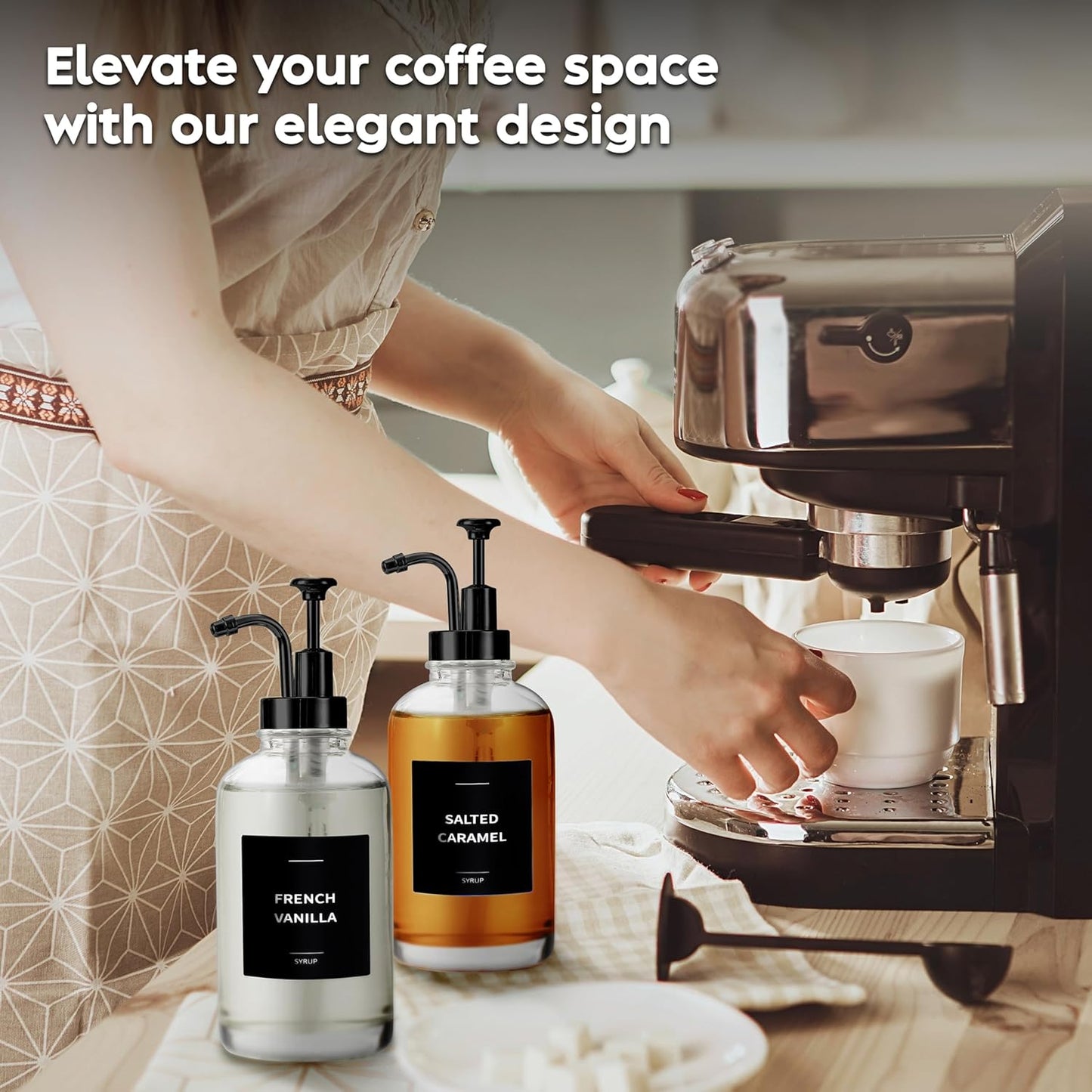 Coffee Syrup Dispenser with Pump - Includes 24 Flavor Labels - Glass Syrup Dispenser for Coffee Bar - Elevate your Beverage Station with 16.9 fl oz Flavoring Container Bottles, 4pcs, Black
