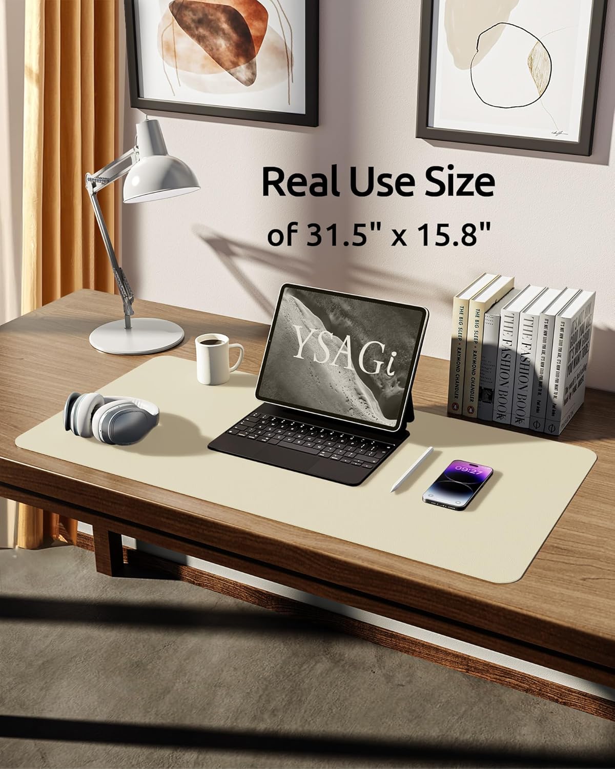 YSAGi Leather Desk Protector, Office Mat, Large Mouse Mat, Non-Slip PU Leather Blotter, Laptop Desk Mat, Waterproof Writing Pad for Office and Home (Cream, 31.5" x 15.8")