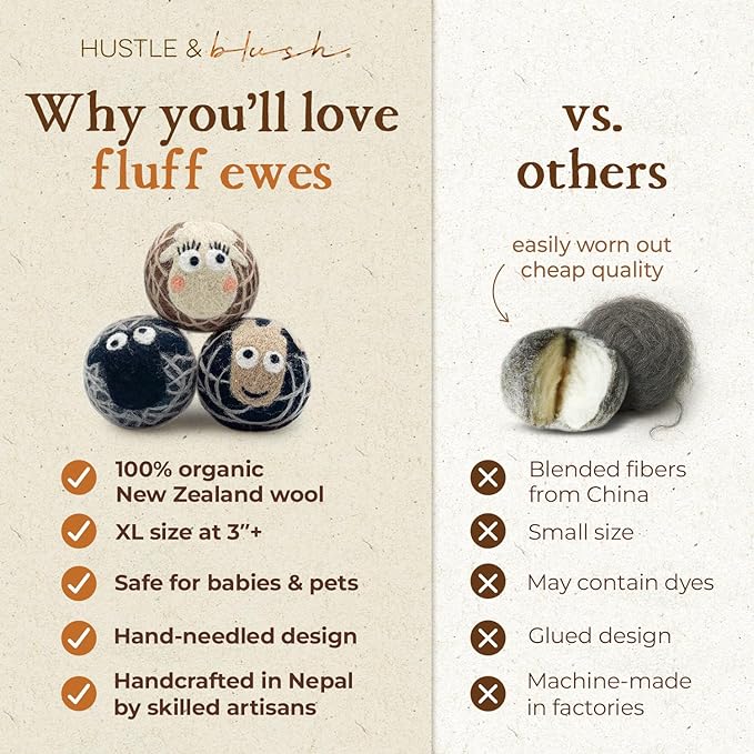 Hustle & Blush Fluff Ewes Wool Dryer Balls 3 Pack - XL Darks Premium New Zealand Laundry Set, Reduces Drying Time, Static Control, Chemical Free, Ideal Holiday Gifts for Women & Men