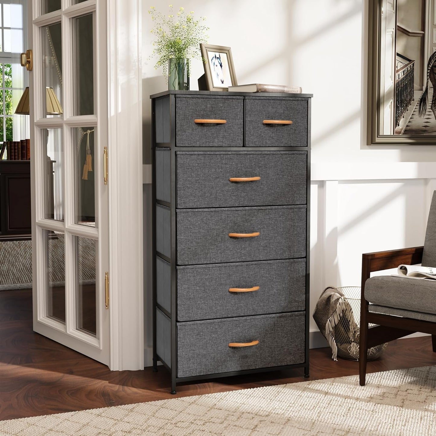 Fabric Dresser for Bedroom, Tall Skinny Dresser with 6 Drawers, Storage Organizer Tower, Steel Frame Wooden Top for Closet, Living Room, Hallway, Nursery(Grey)