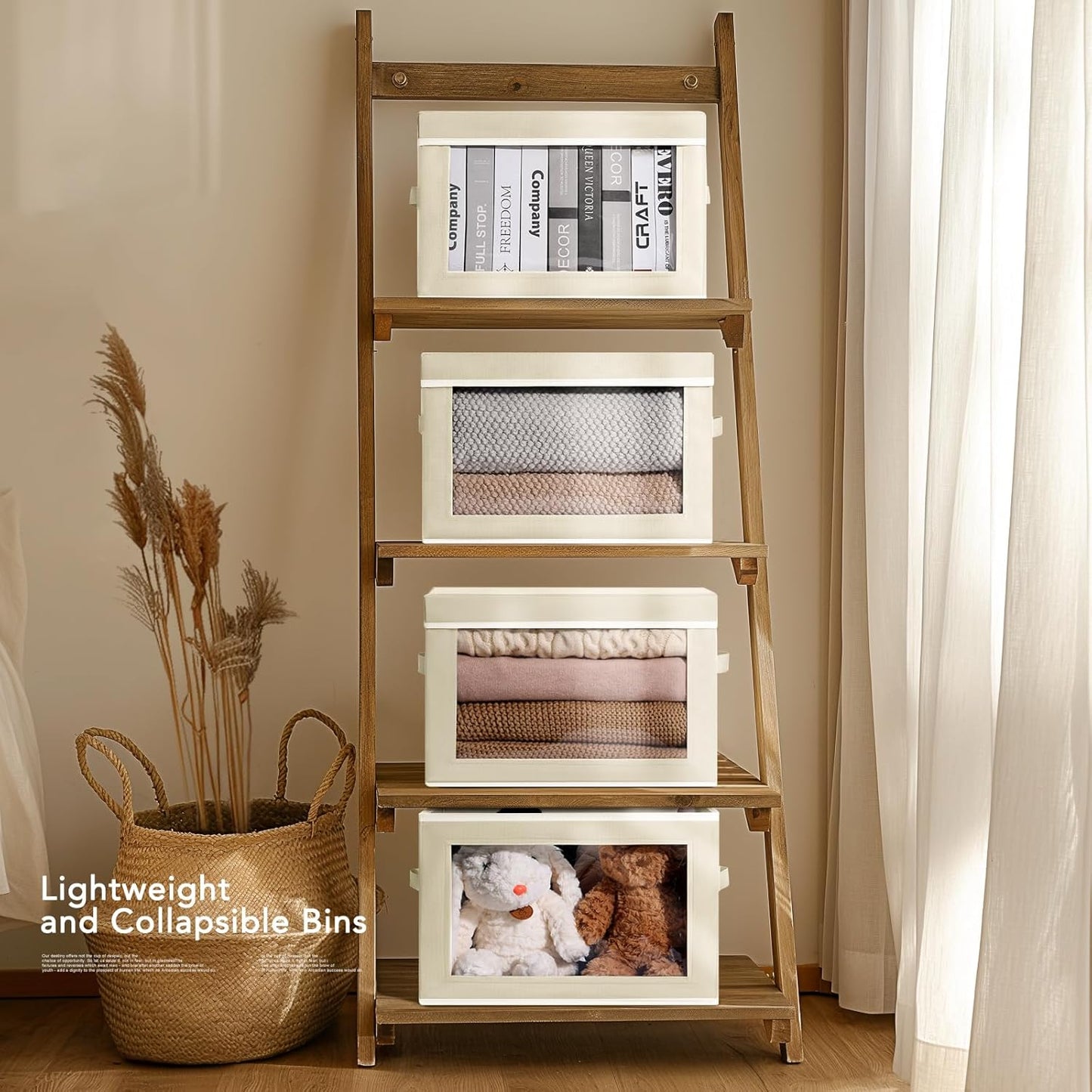 Large Storage Baskets Bins with Lids - Stackable Cube Bins for Closet, 3 Pack Beige Windows Organizer Bins, Home Organizers and Storage for Clothes, CD, Towels