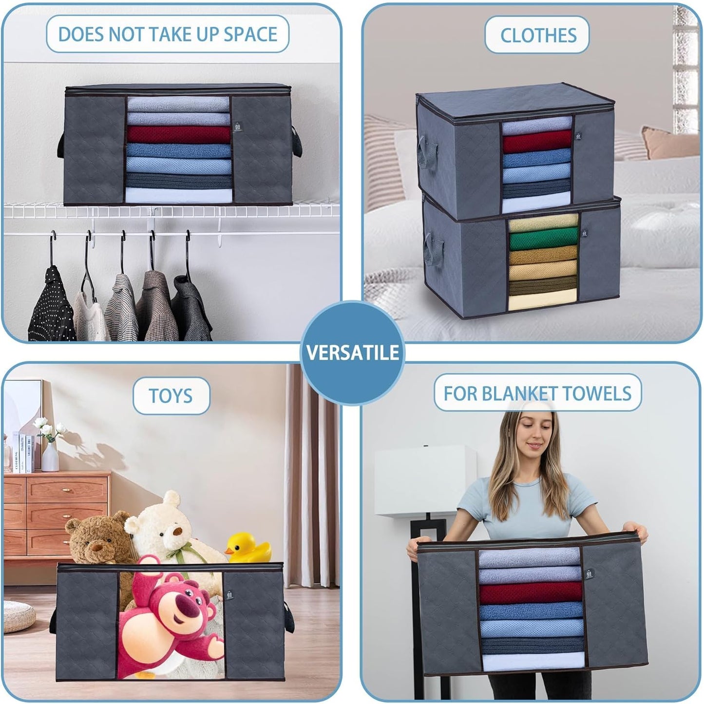 VENO 3 Pack Extra Large Clothes Storage Bag Organizer with Reinforced Handle Thick Fabric for Comforters, Blankets, Bedding, Foldable with Sturdy Zipper, Clear Window, Grey, Reusable (24 Gallon)